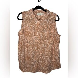Ecothreads Top Women’s XXL Button Up Sleeveless Linen Blend Coral Abstract Hi-Lo
